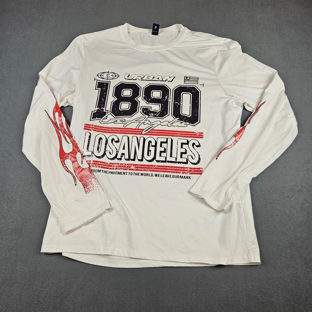 Romwe Mens Urban 1890 Los Angeles Graphic Long Sleeve Tee Cream Red Flame Size M